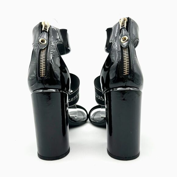 LOUIS VUITTON Trail Black Patent Leather Logo Sandal Size 37 Block Heel - Picture 5 of 12